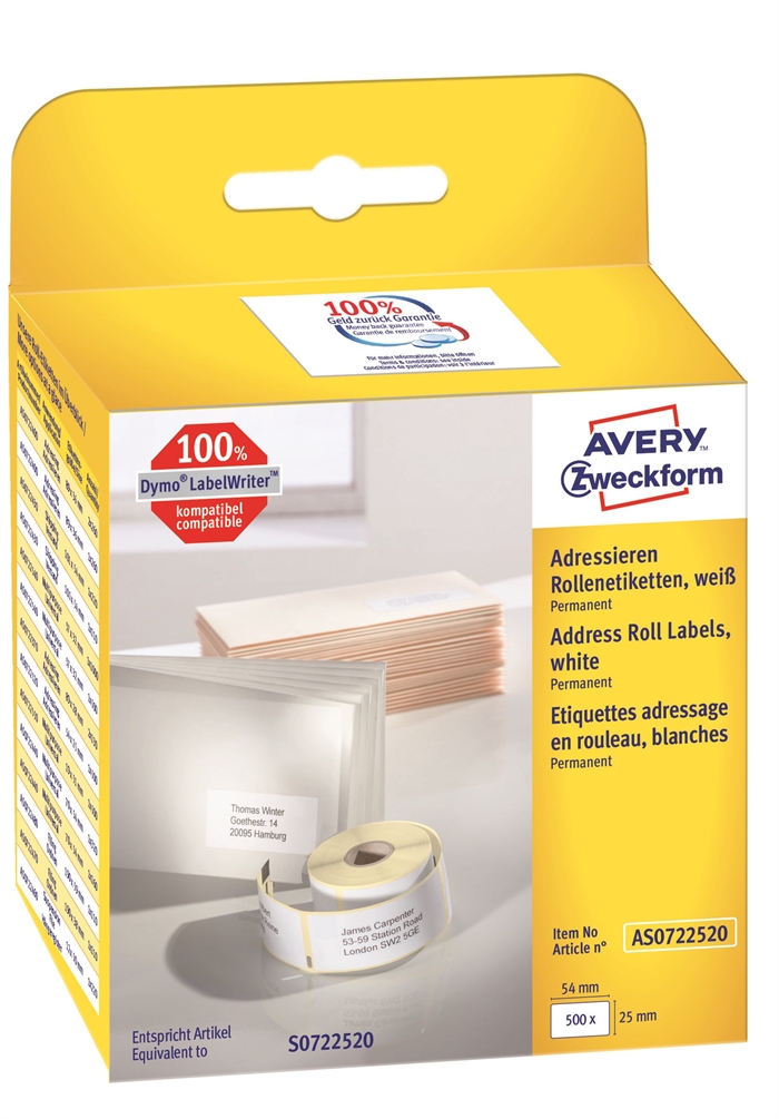 Avery address labels on roll, 54 x 25 mm, 500 pieces.